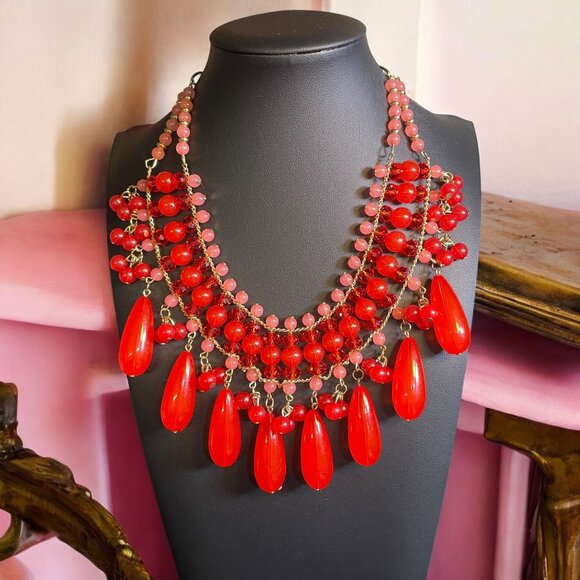 Bold Red & Pink Beaded Statement Necklace - Gold-Tone Chain, Teardrop Dangles - Picture 1 of 7